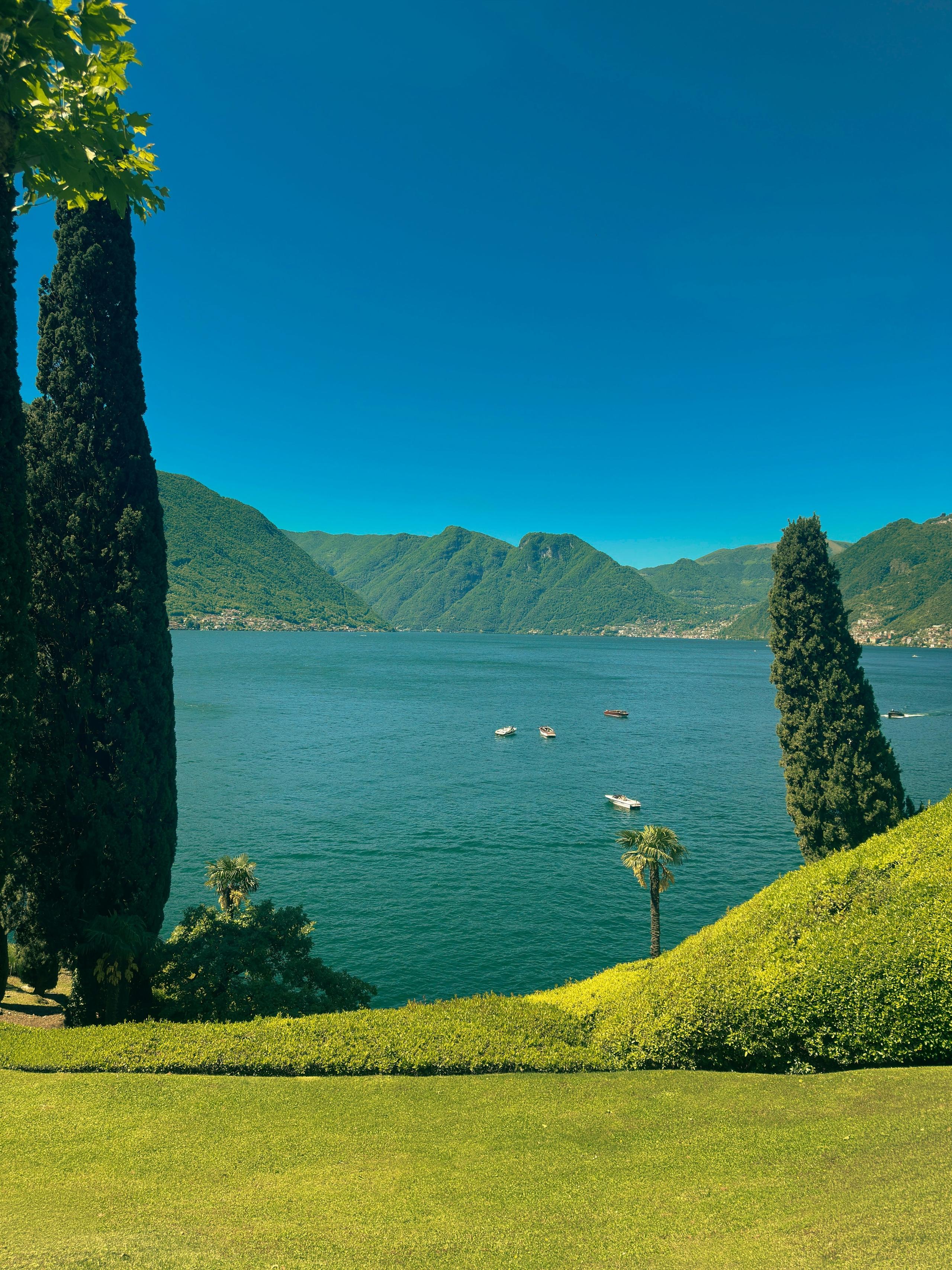 Lake Como view framed by cypress trees near Menaggio and Cadenabbia